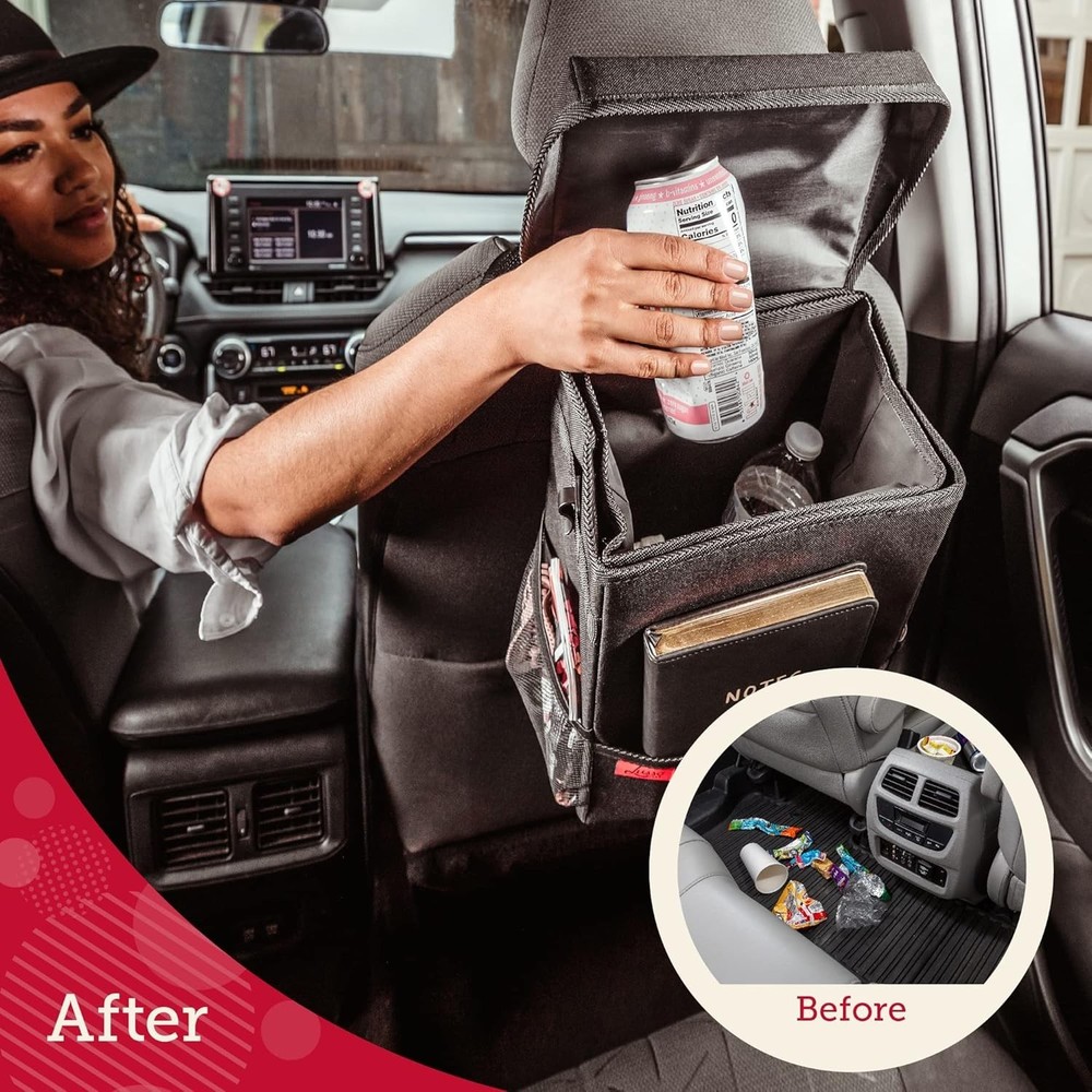 Spill-Proof Auto Trash Can with Removable Liner and Adjustable Hanging Hooks