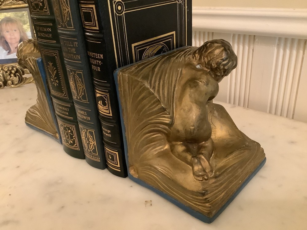 Antique Armor Bronze Cherub Putti Bookends, Signed A Johnson c1920, EUC!