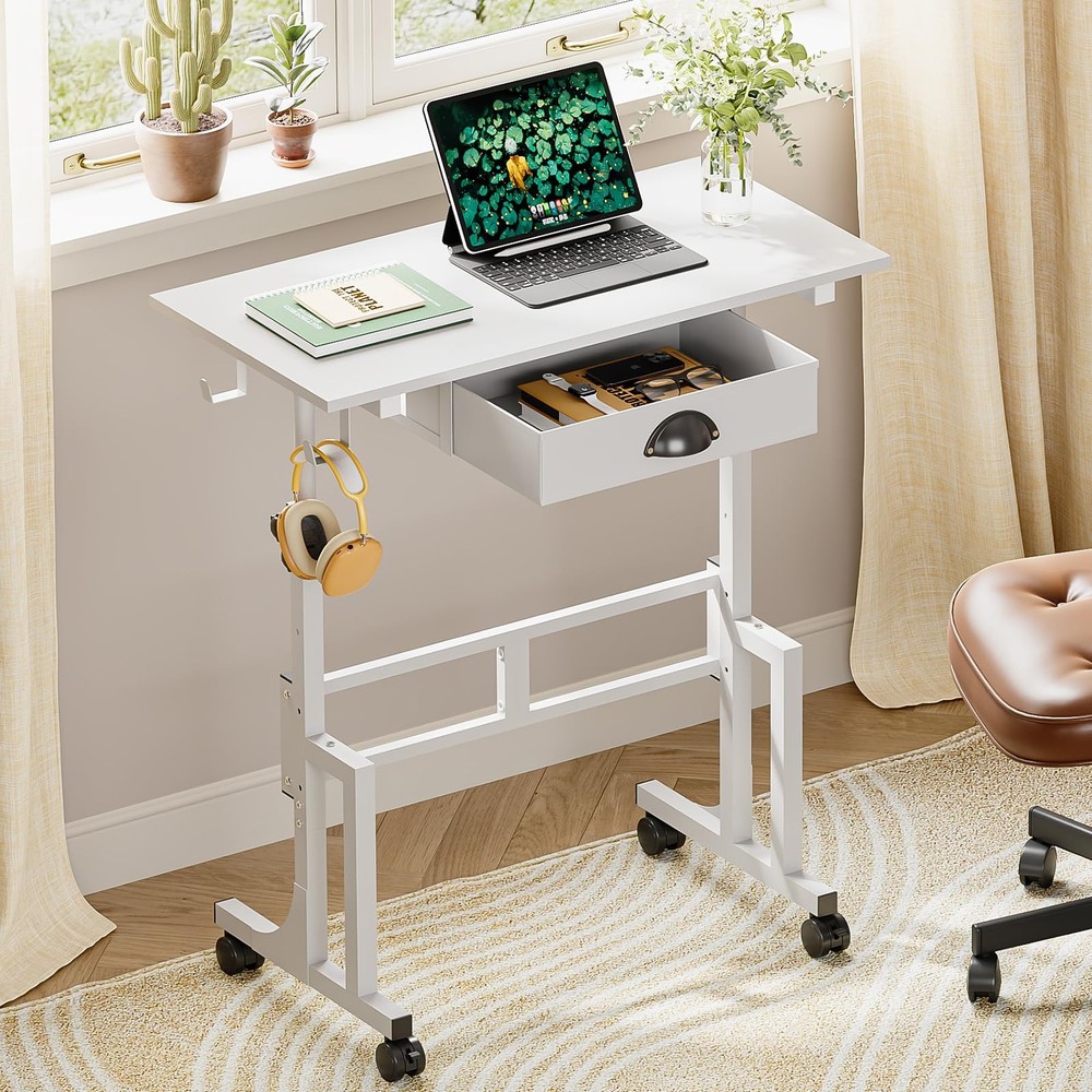 Small White Standing Computer Desk with Drawers,Height Adjustable Home Office Si