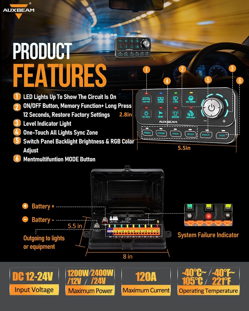 Auxbeam KS-80 8 Gang Switch Panel with Rotary Knob RGB Control Panel Box System
