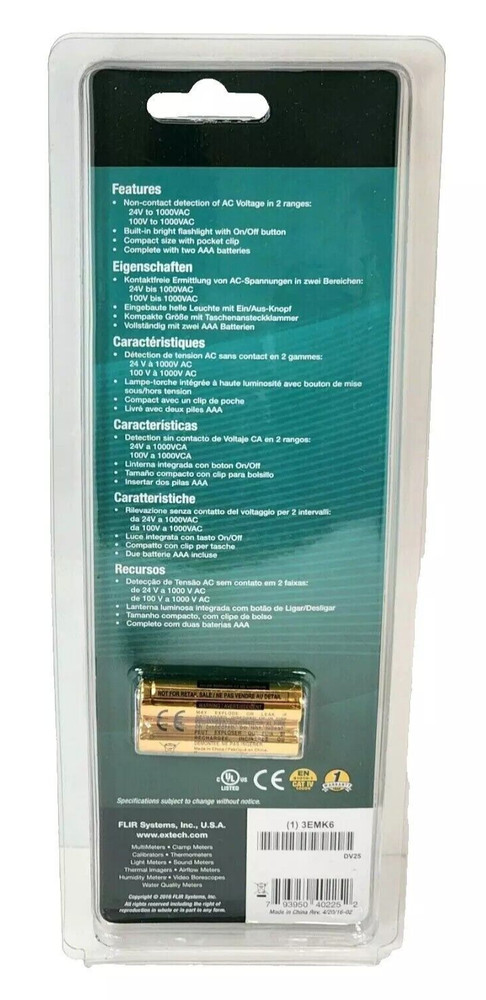 Extech DV25 - Dual Range - 24-1000V - AC Voltage Detector w/ LED Flashlight