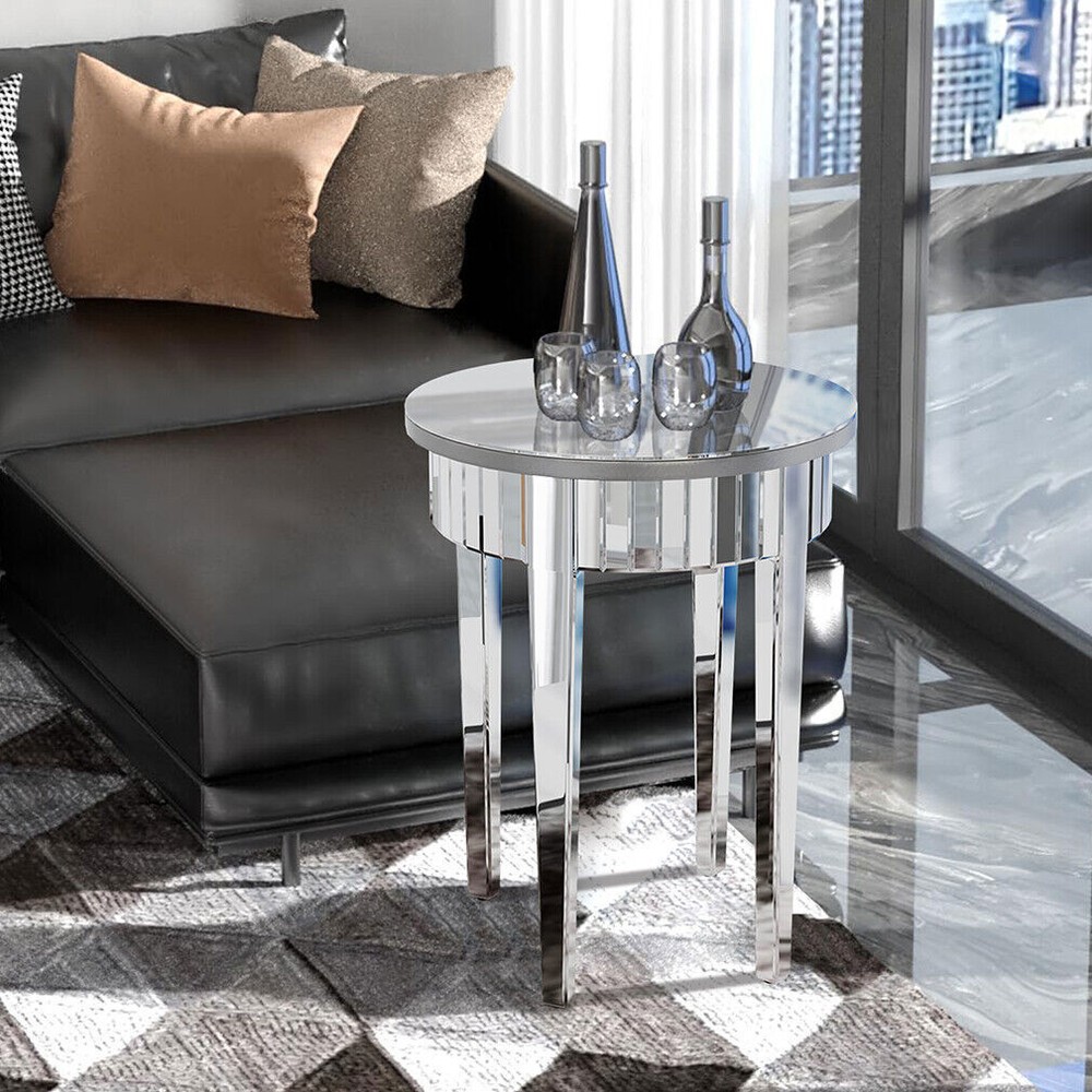 Round Venetian Mirrored Side Table Sofa Bedside Coffee Table Storage Wood Frame