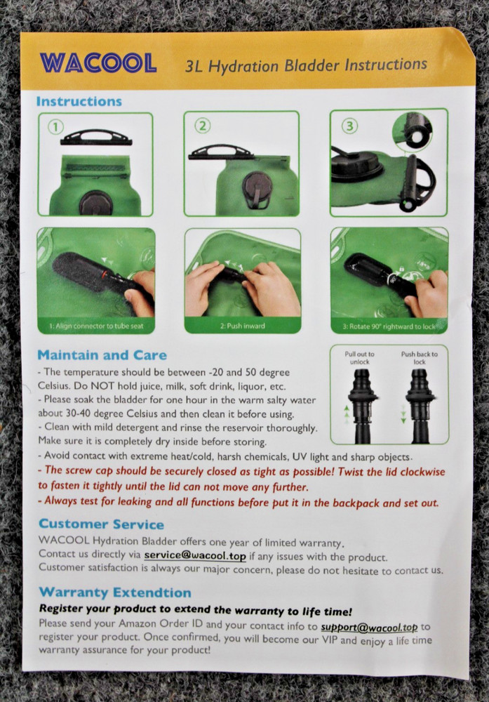 WACOOL 3L Hydration Bladder w/ Cleaning Kit (New- Open Packaging)