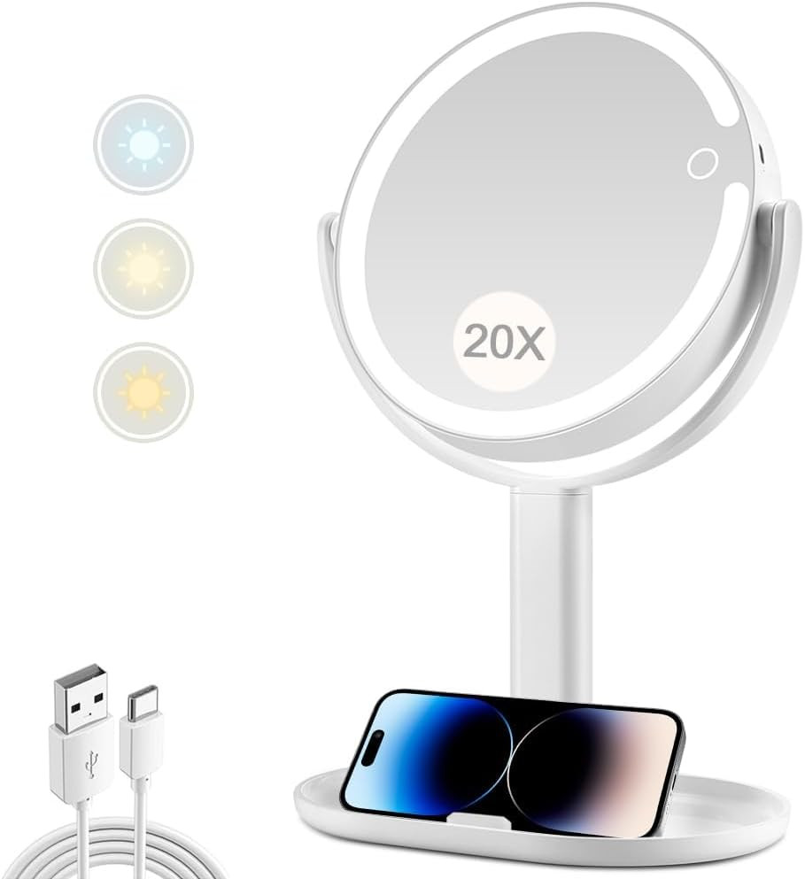 Illuminated 20X Magnifying Vanity Mirror with Touch Switch and 3 Color Options