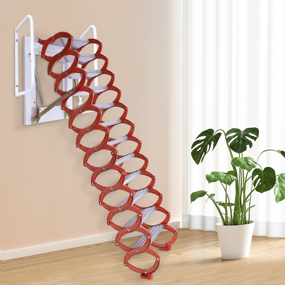 Foldable Retractable Wall-Mounted Pull Down Stairs Attic Ladder 12-Steps Ladder
