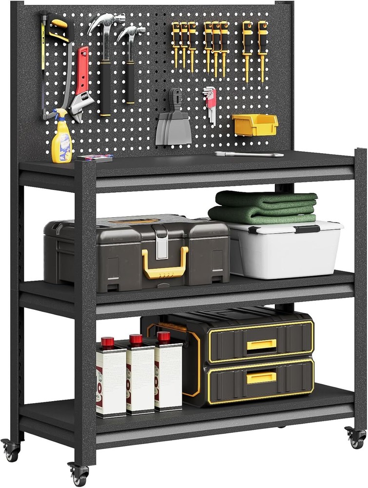 Workbench with Pegboard,Adjustable Heavy Duty Work Table with Wheels,18"x34"x32"