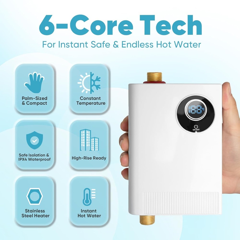 110V Tankless Electric Water Heater, 3000W Compact Under-Sink Heater, Adjustable