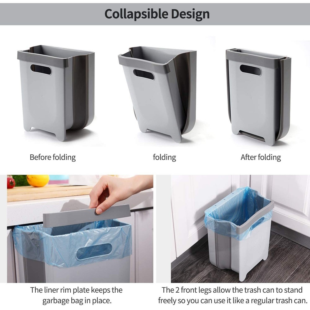 Hanging Collapsible Trash Can - 9L Wall Mounted Foldable Waste Bin for Kitche...