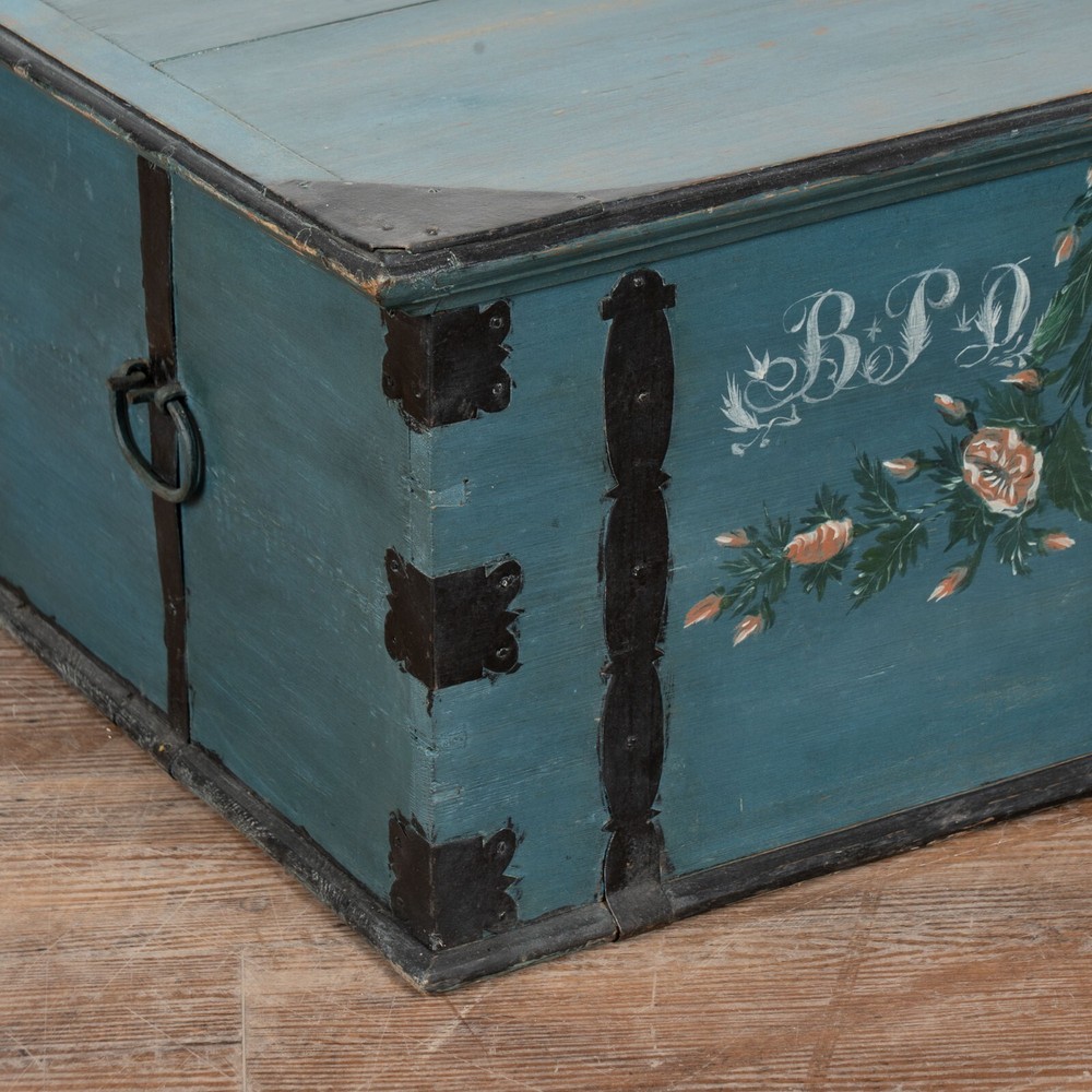 Original Blue Painted Flat Top Trunk dated 1858