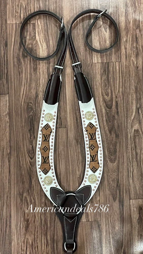 Western Brown Leather Pulling Breast Collar With White Overlay & Conchos