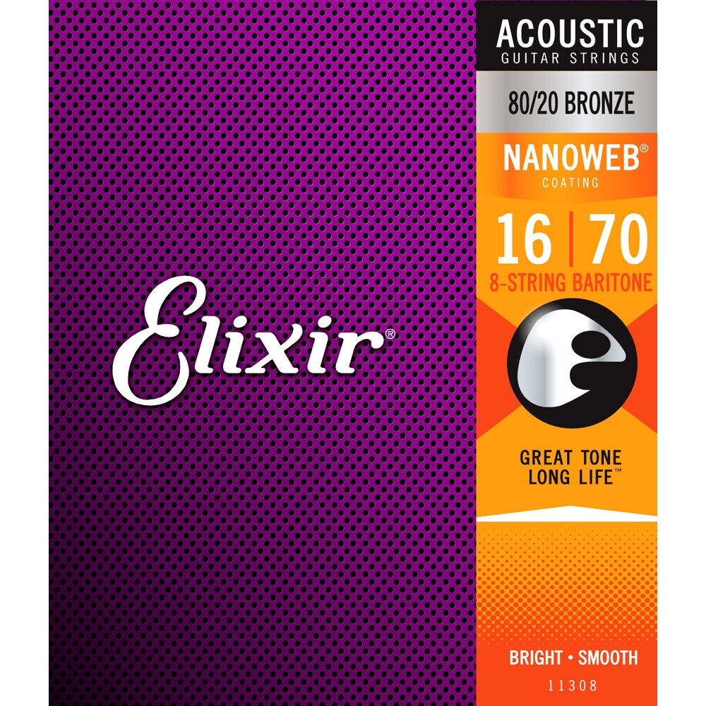 Elixir 11308 80/20 Bronze w/ Nanoweb Acoustic Guitar Strings, 8-String Baritone