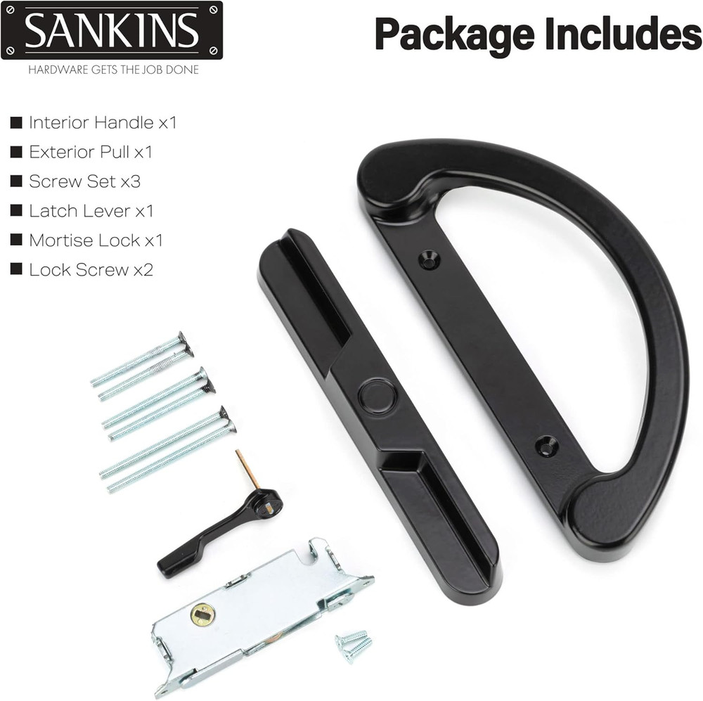 Sliding Patio Door Handle Pull Set with Mortise Lock, Full Replacement Black Die