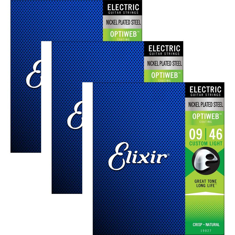 3 Sets Elixir 19027 Electric Guitar Strings w/OPTIWEB Coating, Custom Light 9-46