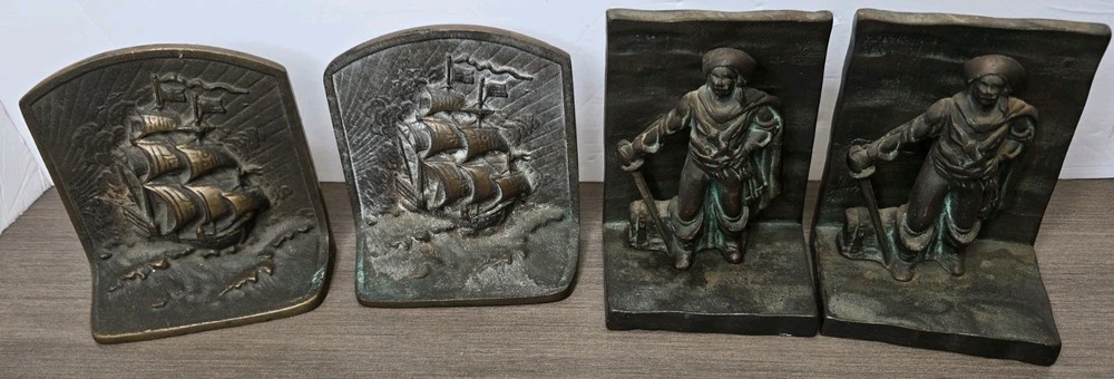 2 Sets 1920s Pirate With Chest Bookends, Painted Cast Iron, Pirate Ship Brass