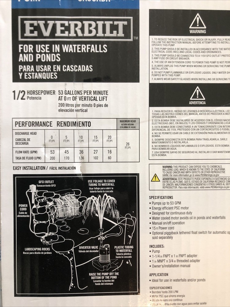 Everbilt 1/2 HP Submersible Waterfall and Utility Pump