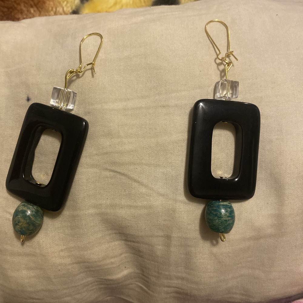 Handcrafted Black Gemstone Flat Rectangle Beaded Dangle Earrings