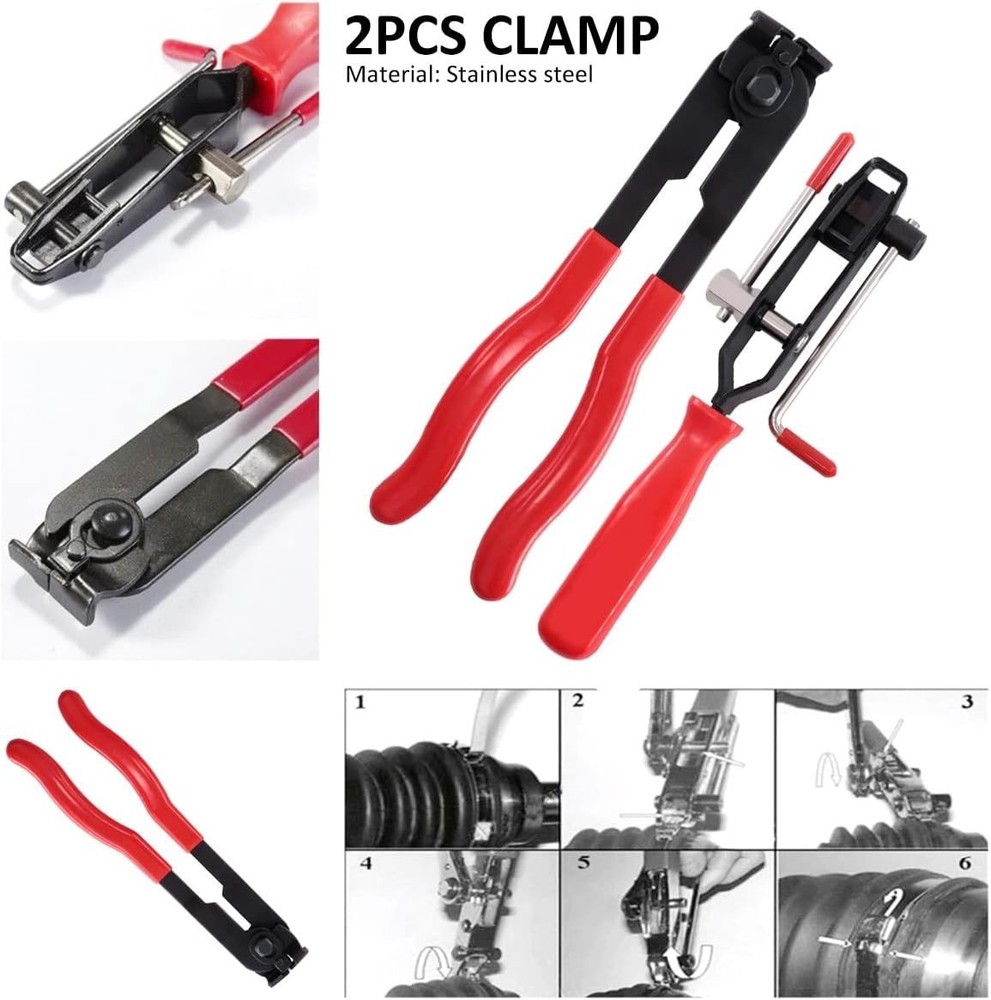10pcs CV Boot Clamps Pliers Kit, Ear Tie Black, Red, Silver