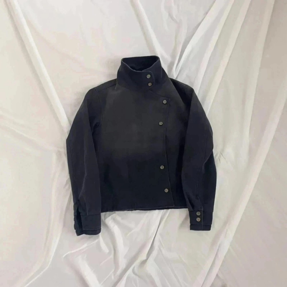 Black Denim Fencing Mock Neck Jacket High Collar Side Button Cropped Structured