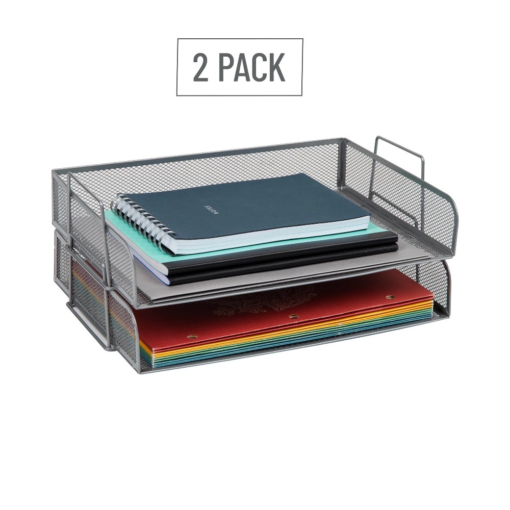 Stackable Paper Tray, Desktop Organizer, Storage, Office, Metal, 2 Pcs., Silver