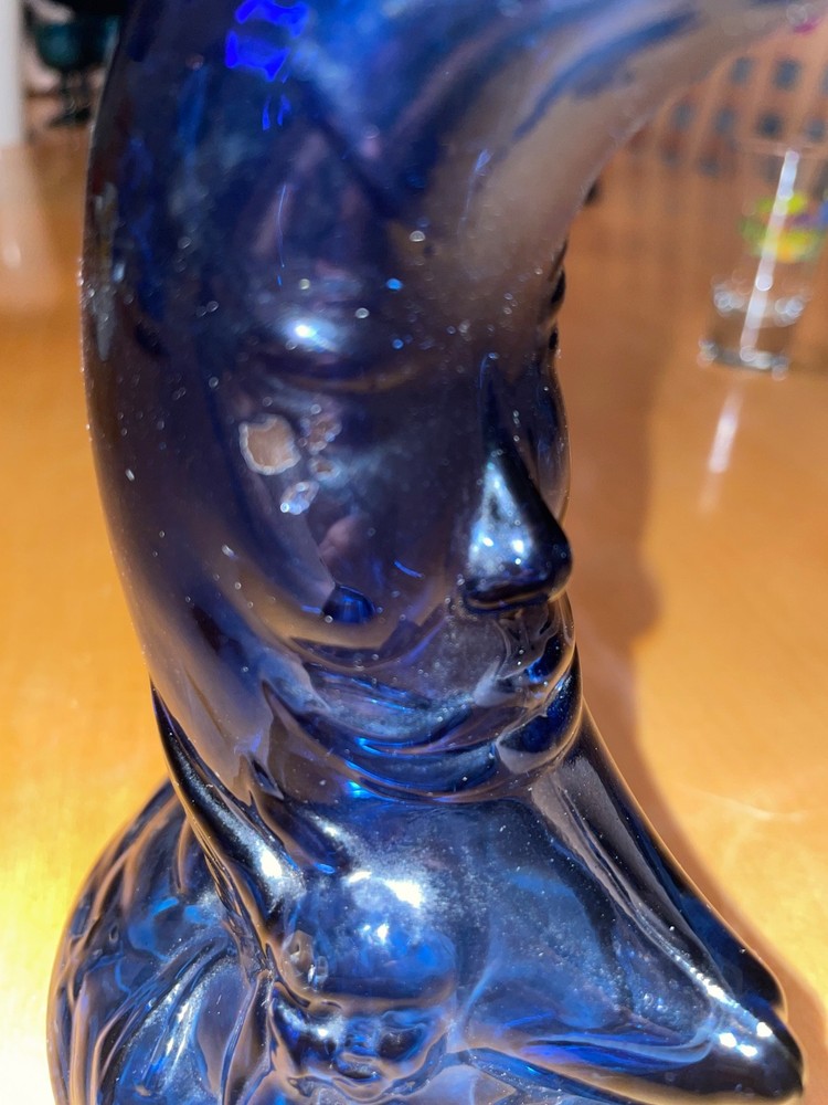 Vintage Crescent Moon Face cherub flashed Cobalt Blue Glass