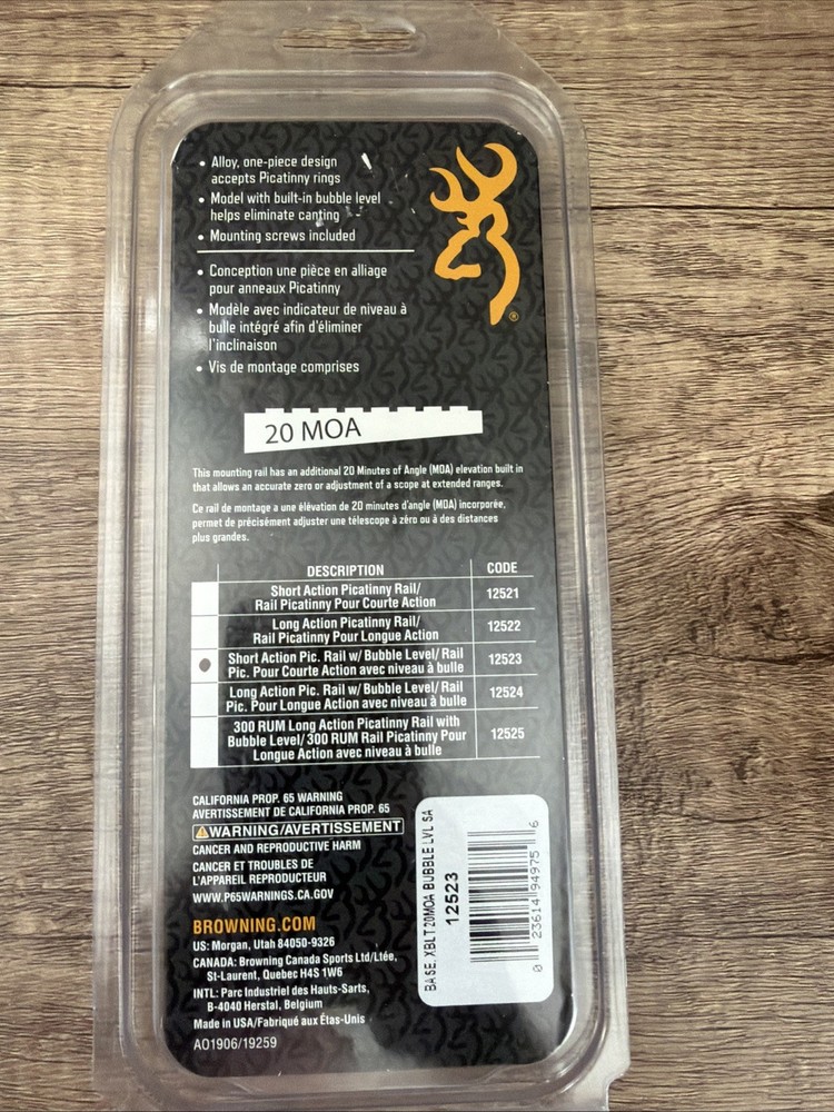 Browning Base Xblt 20 MOA Bubble Level Sa/12523
