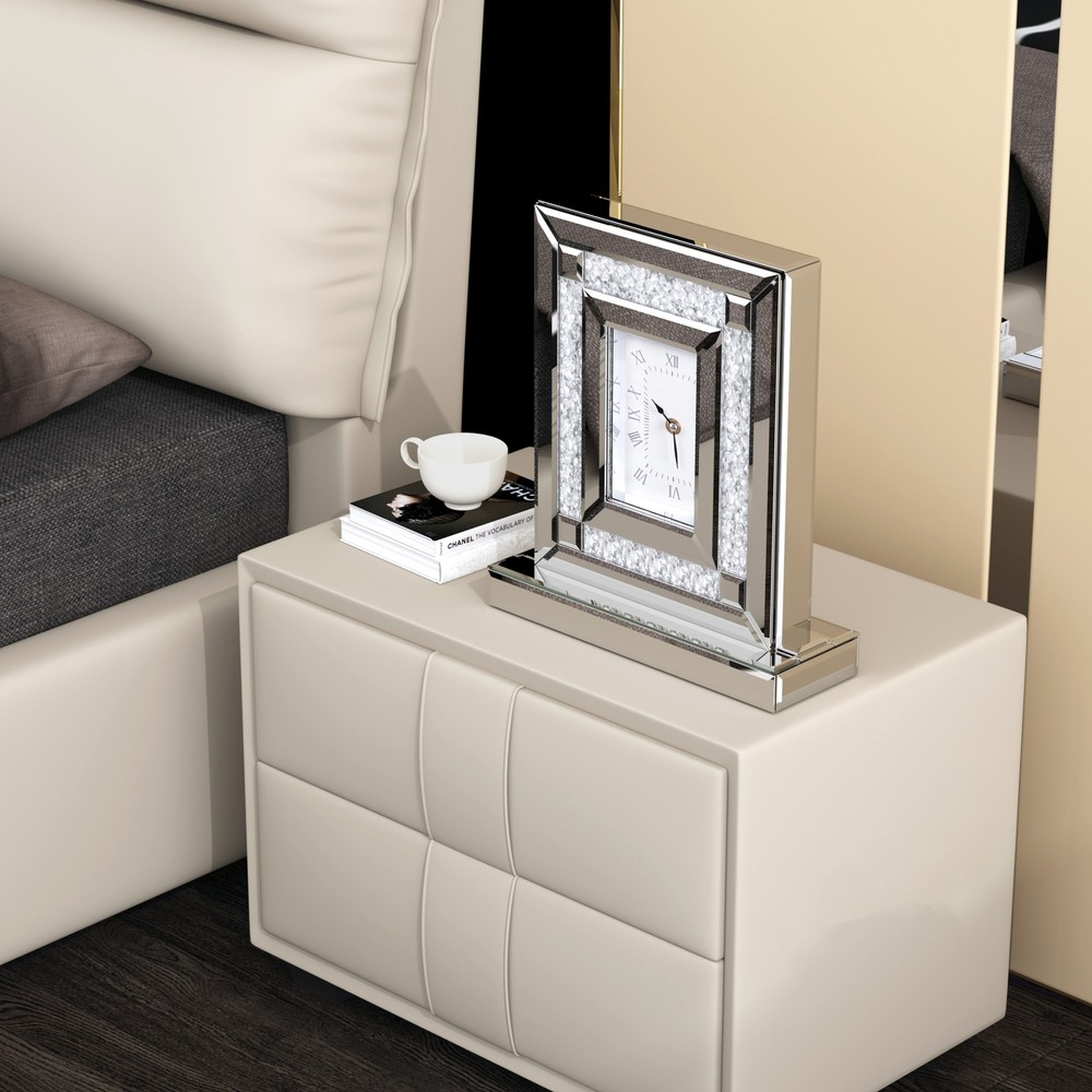 WISFOR 30cm Crushed Diamond Mirrored Desk Clock Decorative Table Clock Silver