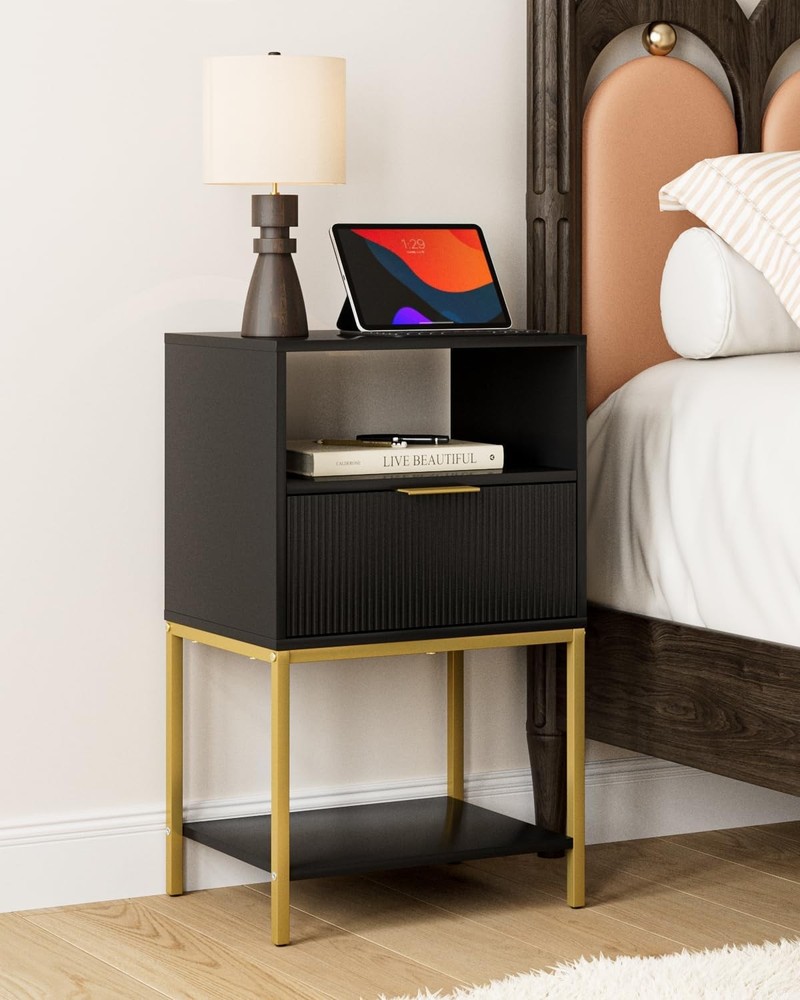 Nightstand Modern Bedside Table W/ Gold Frame 25.51''H End Table,White Night