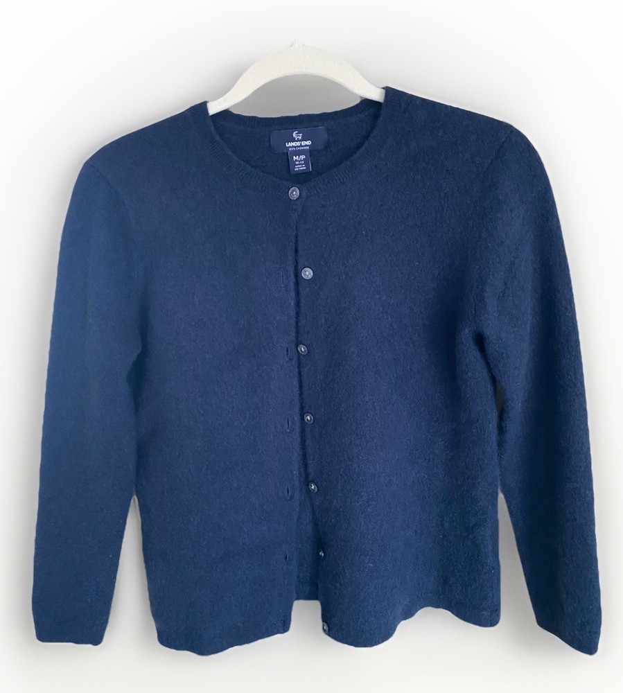 Lands’ End 100% Cashmere Button-Down Cardigan – Navy Size MP Luxury & Comfort