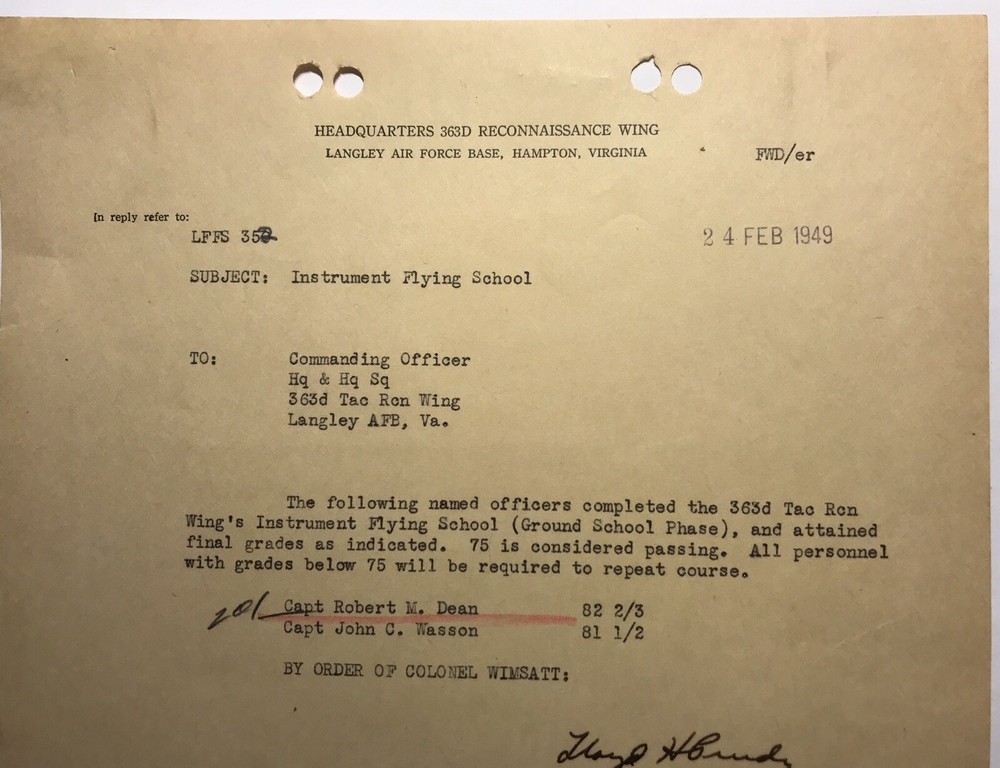 1949 Original War Dept Original WWII USAF Pilot Document Langley Air Force Base