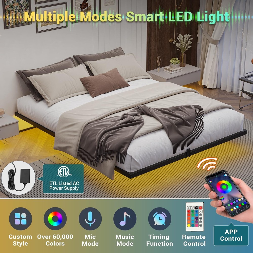 Floating Bed Frame Queen Size with LED Lights, Metal Platform Bed Frame, Black