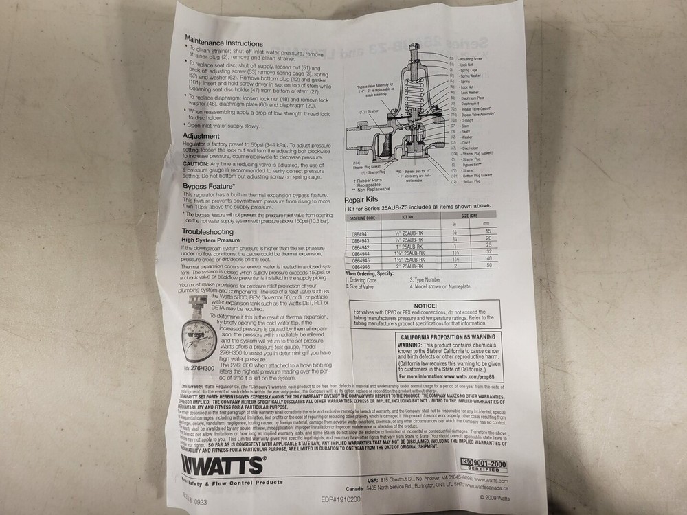 WATTS 1/2" Water Pressure Reducing Valves 25AUB-Z3