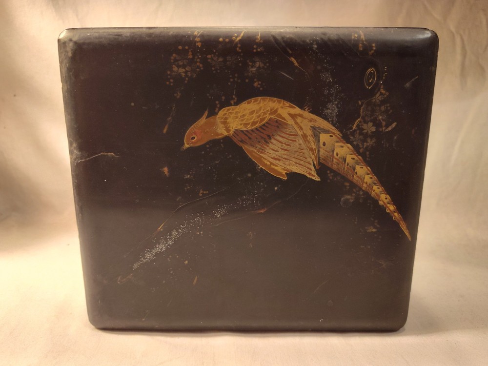 Antique Boho Shabby Chic Black Lacquer Japanese Box Pheasant Bird
