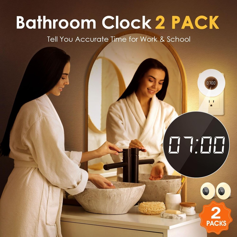 One Fire 【2 Pack】 Bathroom Clock,10 Levels Dimmable+3 Light 2pack, White