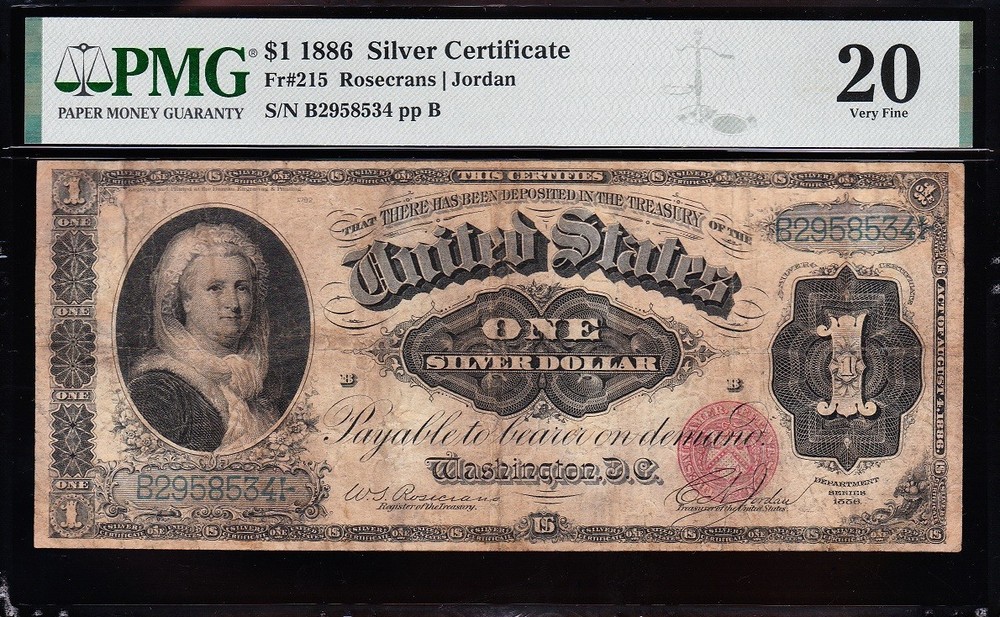 VERY NICE Bold & Crisp VF 1886 $1 Ornate "MARTHA" Silver Cert.! PMG 20! 58534