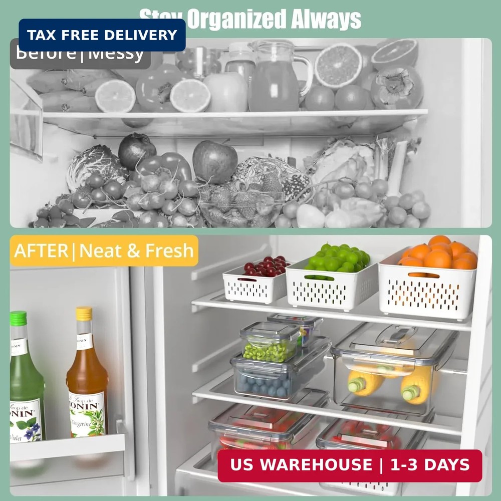 5 Pcs Fruit Storage Containers For Fridge with Removable Colander and Handle Lid