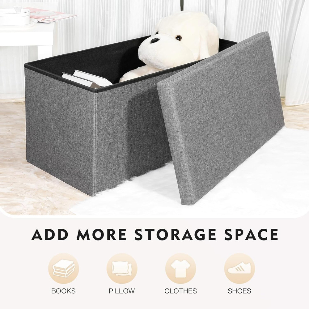 Versatile Folding Storage Ottoman Bench, 30" Grey Cube, 550 lb Capacity