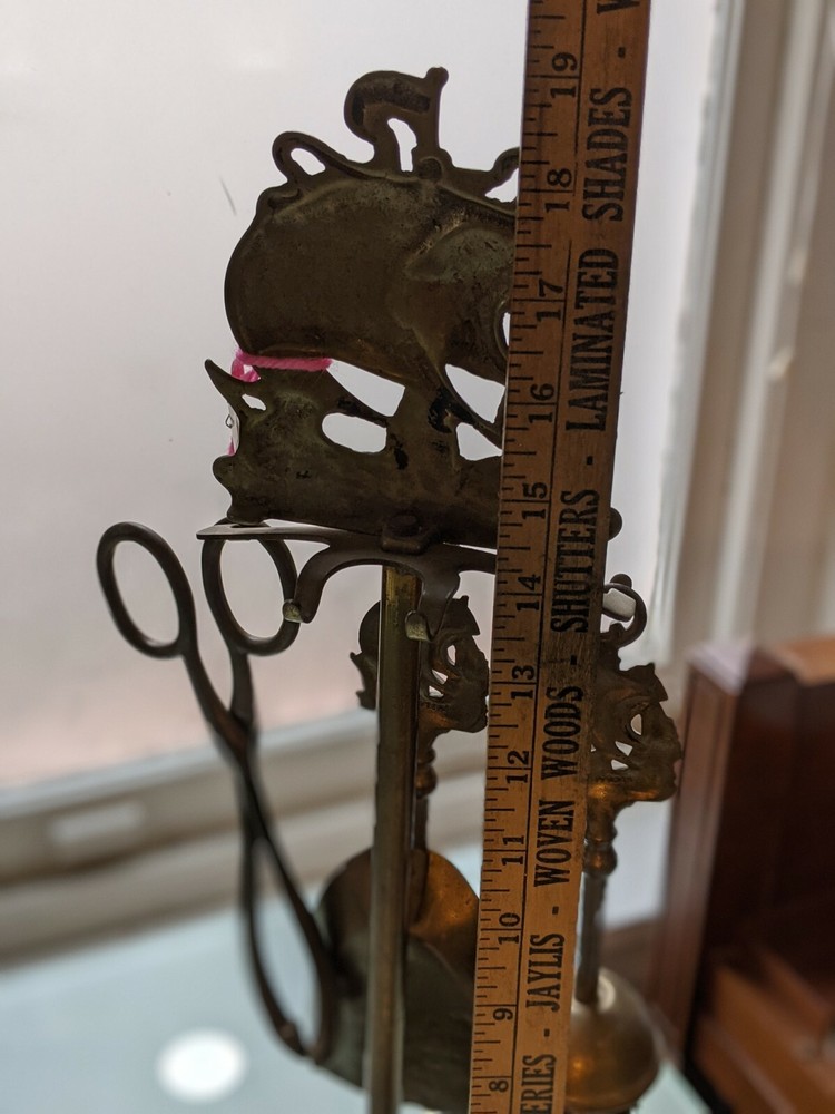 Antique British Brass Fireplace Set 4pc. Nautical Theme Clipper Ship