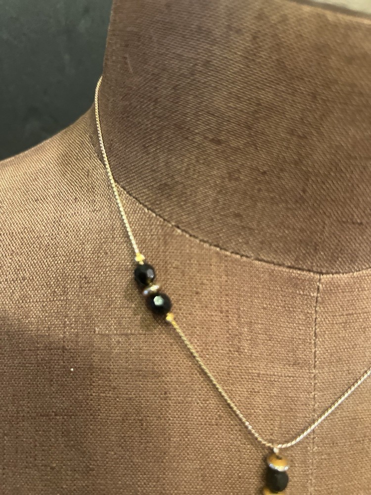 1960s Black Onyx Bead Statement 9" Drop Necklace Silvertone