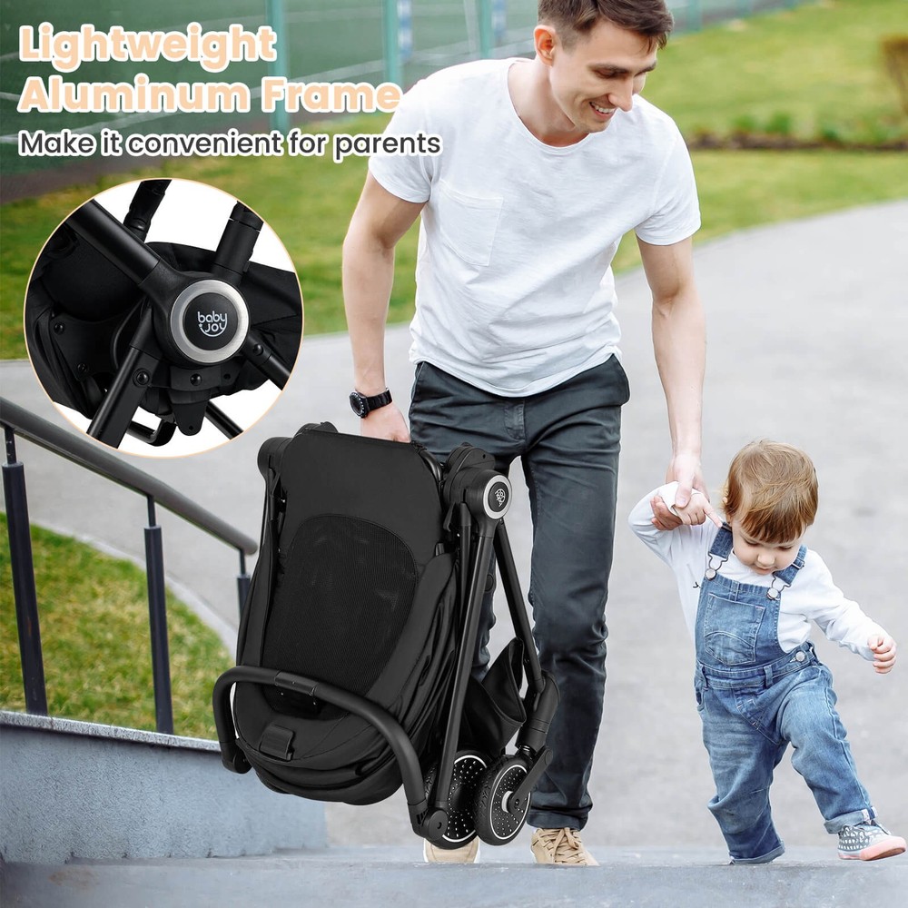 Baby Stroller Foldable Infant Pram Stroller w/ Reclining Backrest Handle