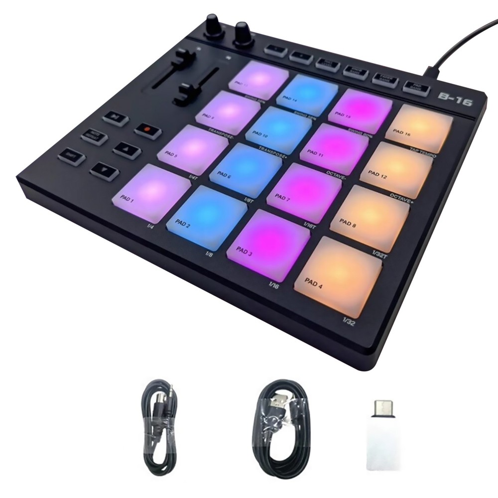 1* USB MIDI Controller Beat Maker 16 Beat Pads 2 Fader Knobs Drum Machine