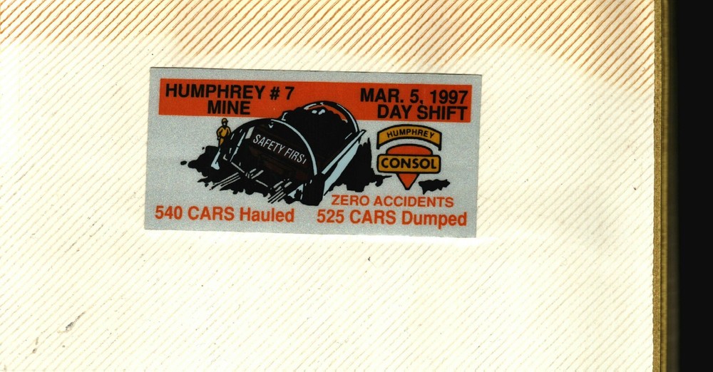 NICE HUMPHREY MINE CONSOL COAL CO. COAL MINING STICKER # 1019