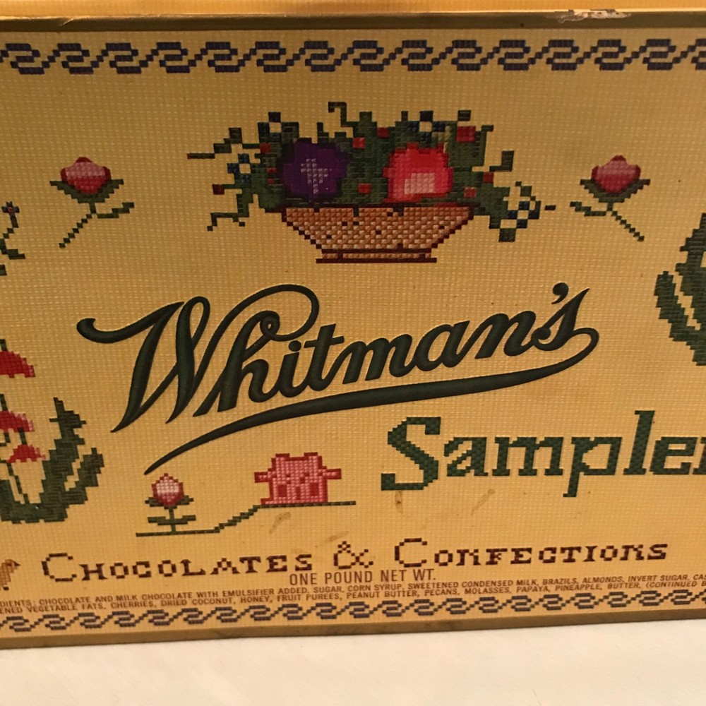 Whitman's Chocolates & Confections Cross Stitch Sampler Empty Hinged Box $11.99