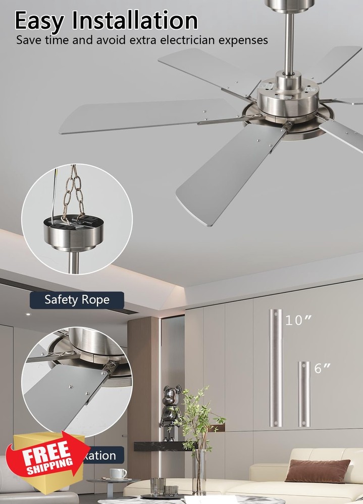 JSAITEE 52" Low Profile Ceiling Fan Light Remote App Control 3CCT DC Motor