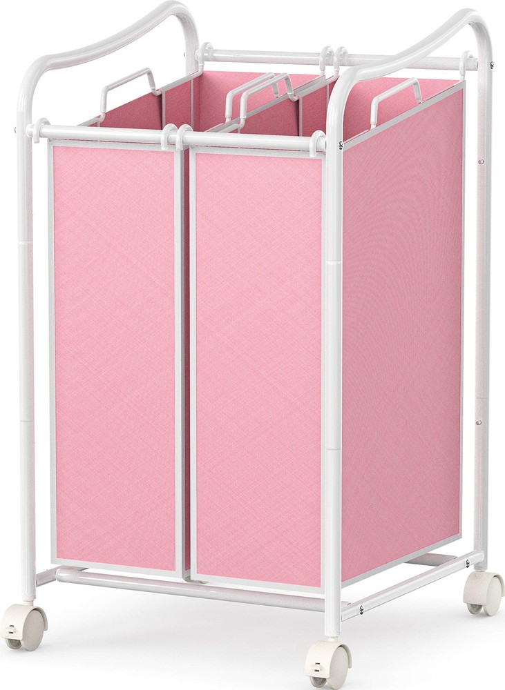 2-Bag Heavy Duty Rolling Laundry Sorter Cart, White/Pink