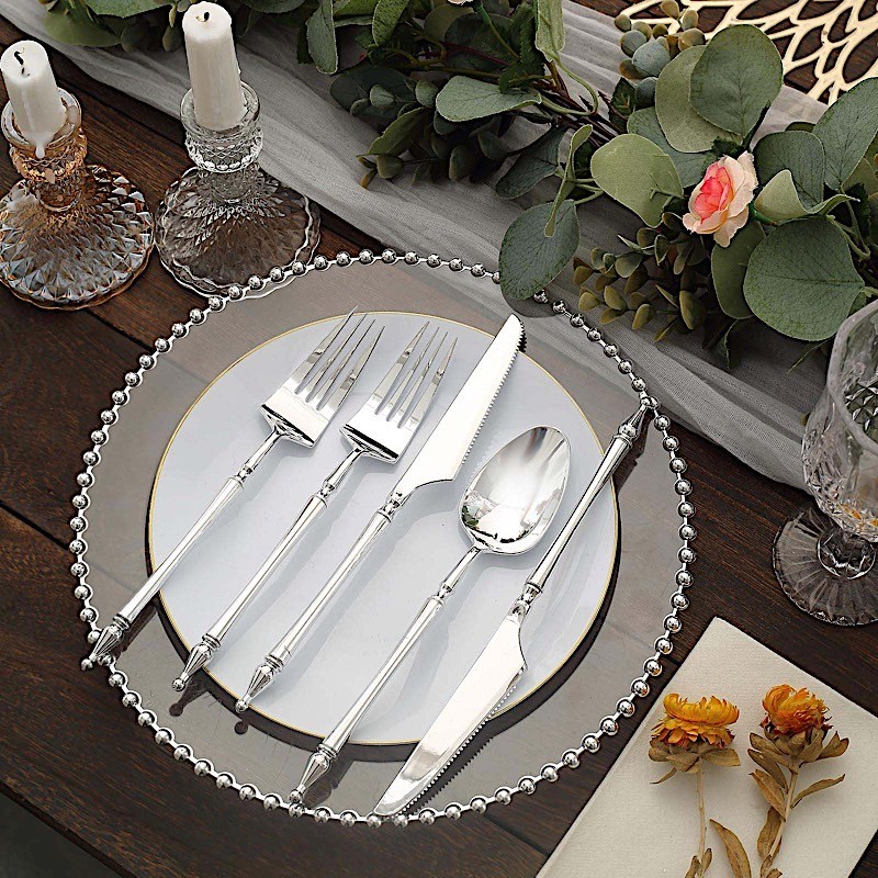 24 SILVER Plastic CUTLERY Roman Column Handle Spoon Fork Knife Set Party