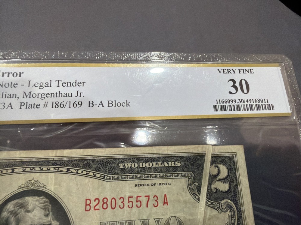 1928C $2 Legal Tender Gutter Fold Error Note Graded PCGS Very Fine 30