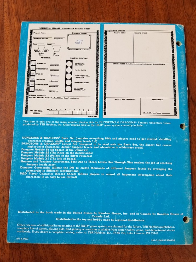 D&D Player Character Record Sheets TSR 9037