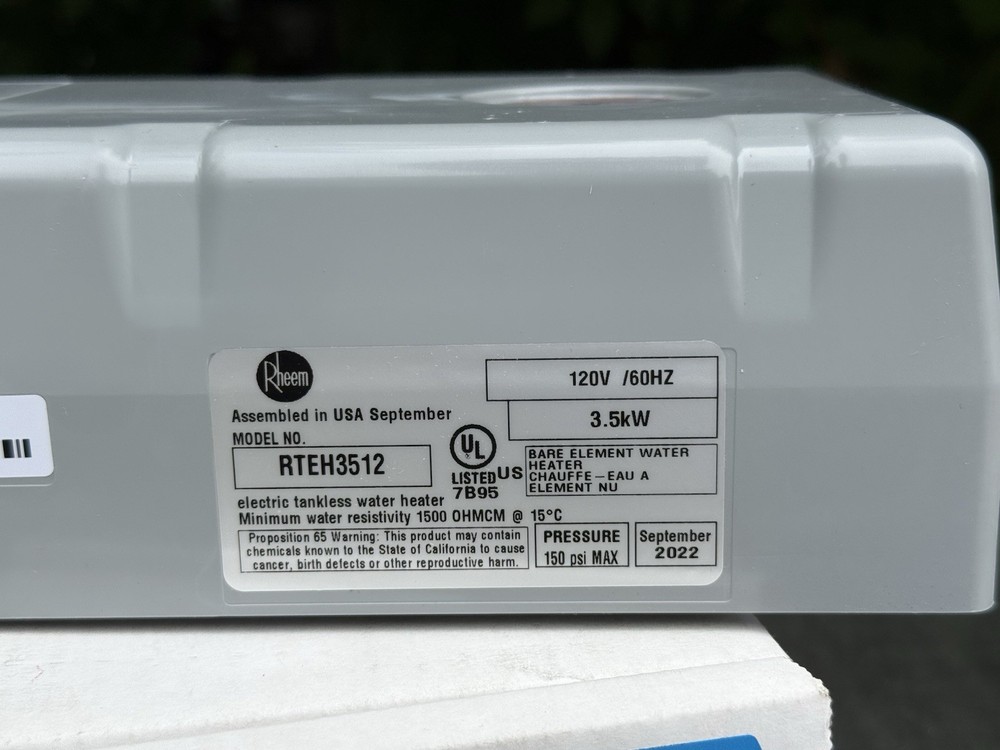 Rheem RTEH3512 3.5kW @ 120V Tankless Electric Water Heater - Unused - Open Box
