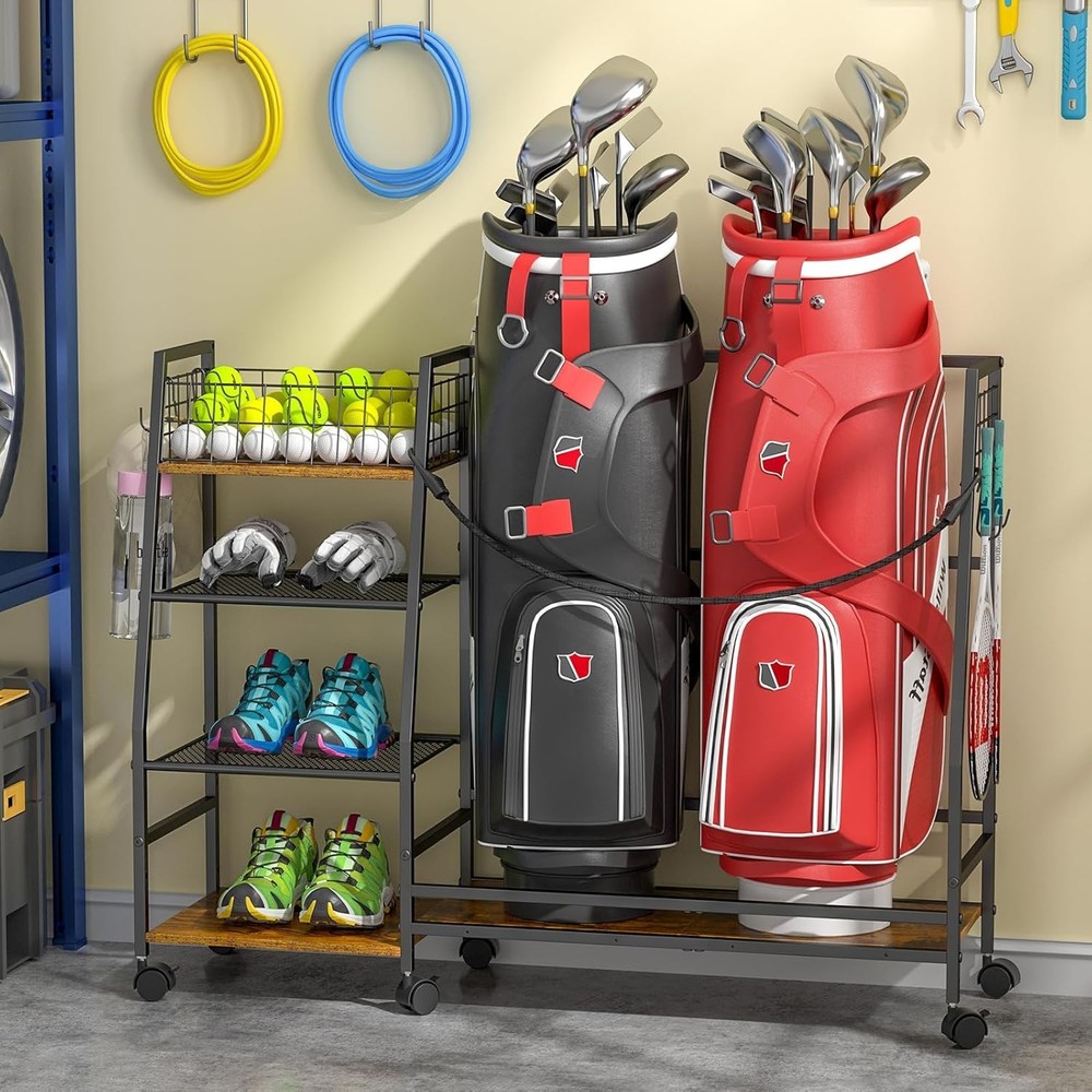 Golf Bag Storage Rack with Wheels Garage Organizer Stand Black