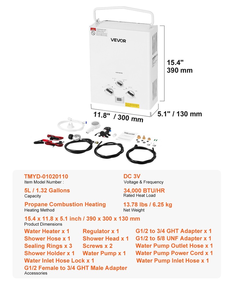 VEVOR Portable Propane Water Heater 5L Tankless with Water Pump for RV Camping